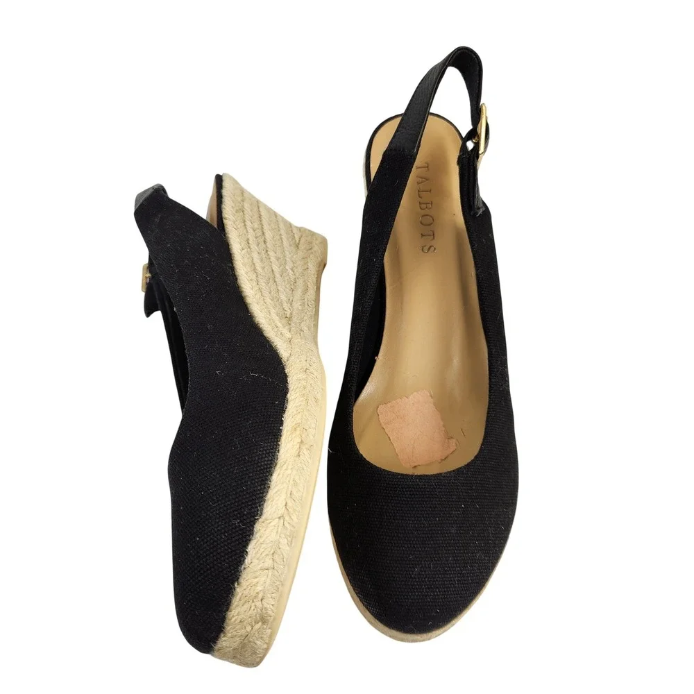 Talbots Black Canvas Slingback‎ Wedge Espadrille Heels Women's Size 7.5M